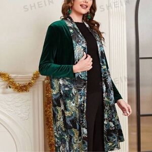 Green and Black Velvet Longline Cardigan/ Size Large/ Color Combo